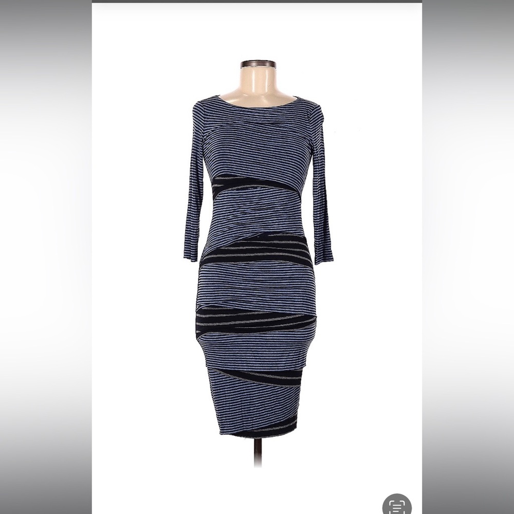 Bailey 44 Blue Navy Black Knit Asymmetrical Bandage Striped Dress Below Knee M